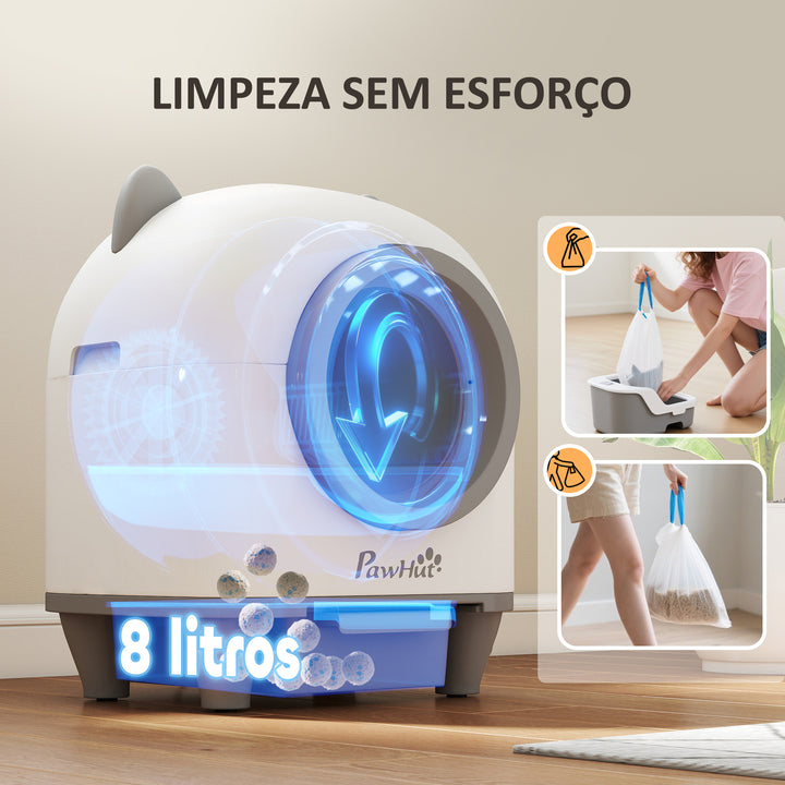 Caixa de Areia Autolimpante para Gatos 80L Caixa de Areia Autolimpante Eliminação de Odores Controlo por APP Proteção de Segurança 1 Rolo de Sacos do Lixo 55,5x51x60 cm Branco