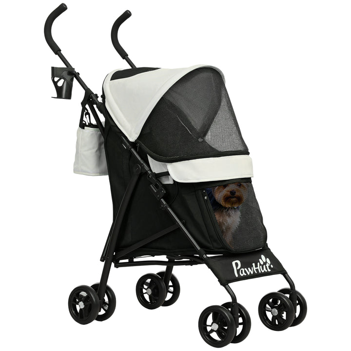 Carrinho para Cães Pequenos com Estrutura Compacta Carrinho Dobrável com Colchão Lavável Suporte para Copos Janelas de Rede e Bolsa de Arrumação 76x44x103 cm Creme