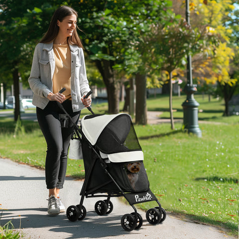 Carrinho para Cães Pequenos com Estrutura Compacta Carrinho Dobrável com Colchão Lavável Suporte para Copos Janelas de Rede e Bolsa de Arrumação 76x44x103 cm Creme