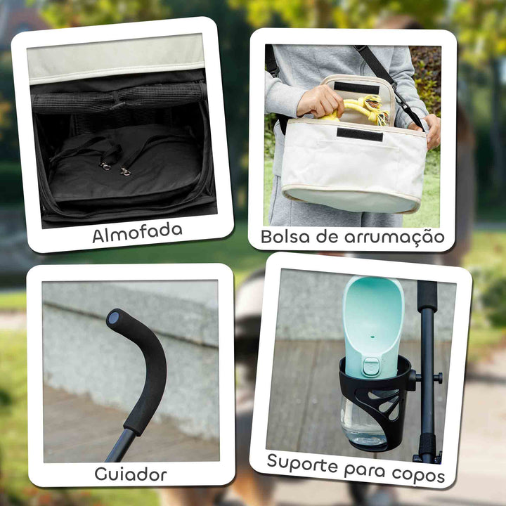 Carrinho para Cães Pequenos com Estrutura Compacta Carrinho Dobrável com Colchão Lavável Suporte para Copos Janelas de Rede e Bolsa de Arrumação 76x44x103 cm Creme