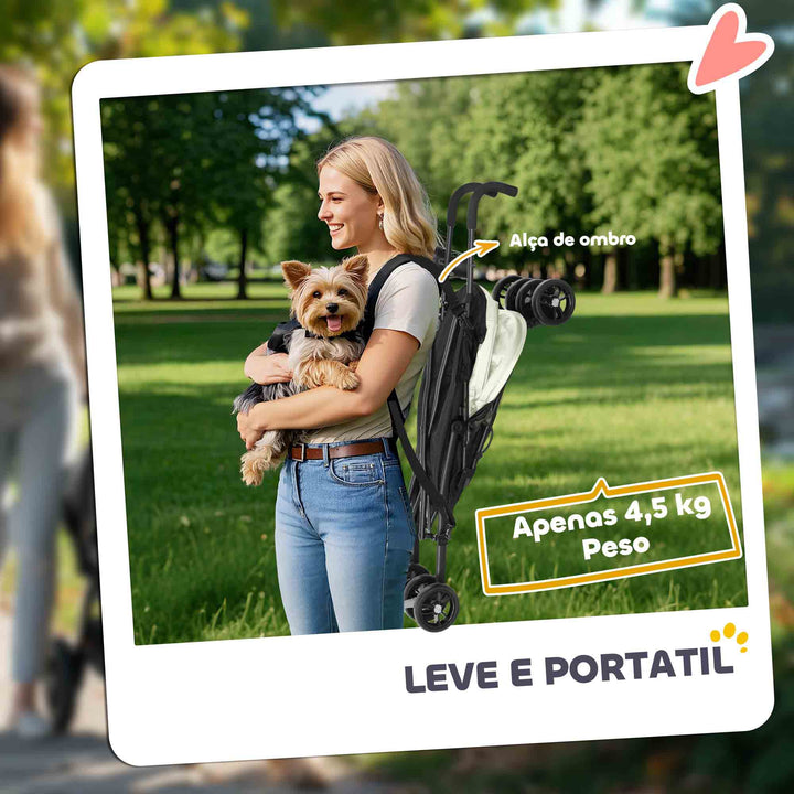 Carrinho para Cães Pequenos com Estrutura Compacta Carrinho Dobrável com Colchão Lavável Suporte para Copos Janelas de Rede e Bolsa de Arrumação 76x44x103 cm Creme