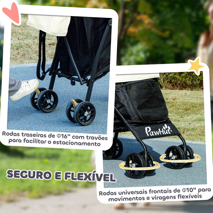 Carrinho para Cães Pequenos com Estrutura Compacta Carrinho Dobrável com Colchão Lavável Suporte para Copos Janelas de Rede e Bolsa de Arrumação 76x44x103 cm Creme
