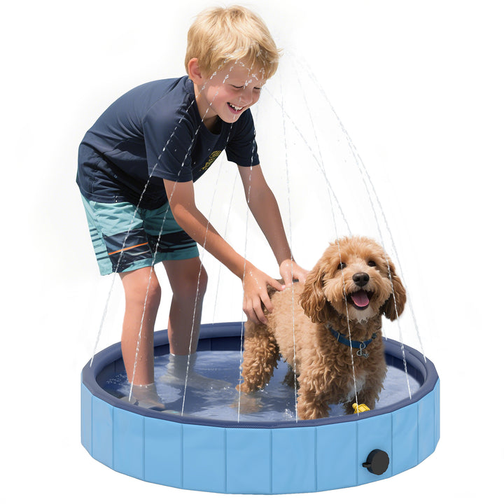 Piscina para Cães Dobrável com Aspersor Piscina Portátil para Animais de Estimação Pequenos em PVC Antiderrapante e Resistente ao Desgaste para Interiores e Exteriores Ø80x20 cm Azul Claro