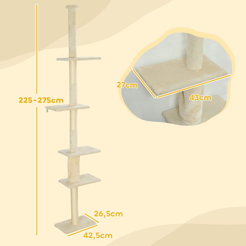 Arranhador para Gatos do Chão ao Teto 225-275 cm Arranhador para Gatos Torre para Gatos com Múltiplas Plataformas Sistema Anti-Tombo Creme