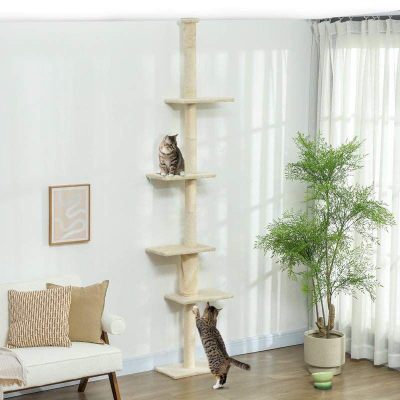 Arranhador para Gatos do Chão ao Teto 225-275 cm Arranhador para Gatos Torre para Gatos com Múltiplas Plataformas Sistema Anti-Tombo Creme