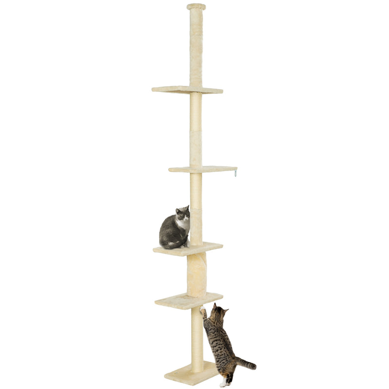 Arranhador para Gatos do Chão ao Teto 225-275 cm Arranhador para Gatos Torre para Gatos com Múltiplas Plataformas Sistema Anti-Tombo Creme