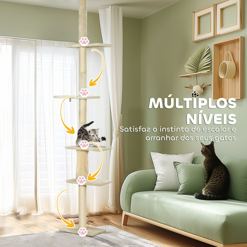 Arranhador para Gatos do Chão ao Teto 225-275 cm Arranhador para Gatos Torre para Gatos com Múltiplas Plataformas Sistema Anti-Tombo Creme