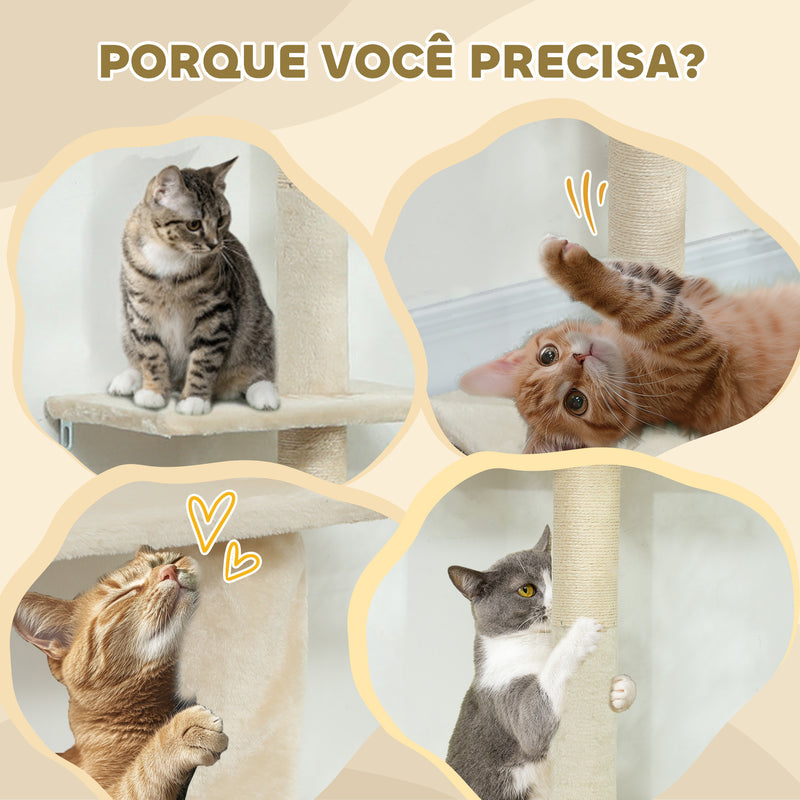 Arranhador para Gatos do Chão ao Teto 225-275 cm Arranhador para Gatos Torre para Gatos com Múltiplas Plataformas Sistema Anti-Tombo Creme