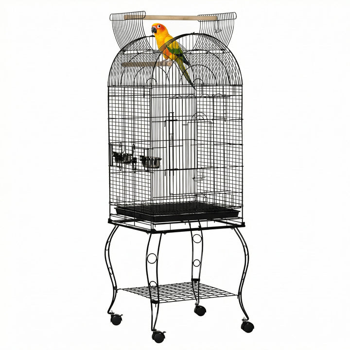 Gaiola para Pássaros com Suporte e Rodas Gaiola Grande de Metal com Bandeja Amovível e 2 Tigelas para Papagaios Piriquito 51x51x153 cm Preto
