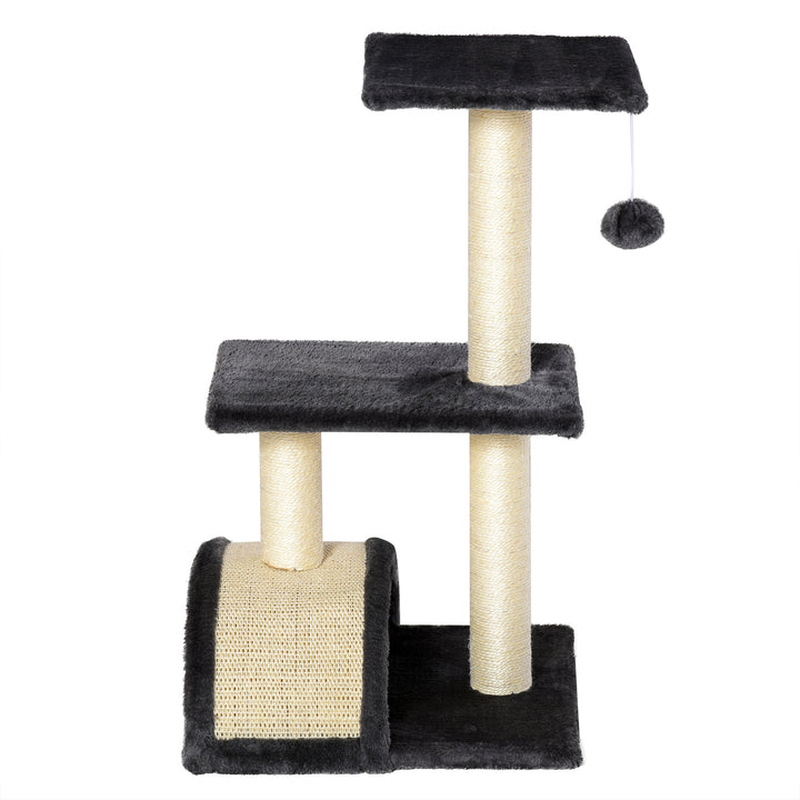 Arranhador para Gatos Médio Arranhador para Gatos de 3 Níveis Torre para Gatos com Postes de Sisal Placa para Arranhar e Bola Suspensa Cinzento Escuro