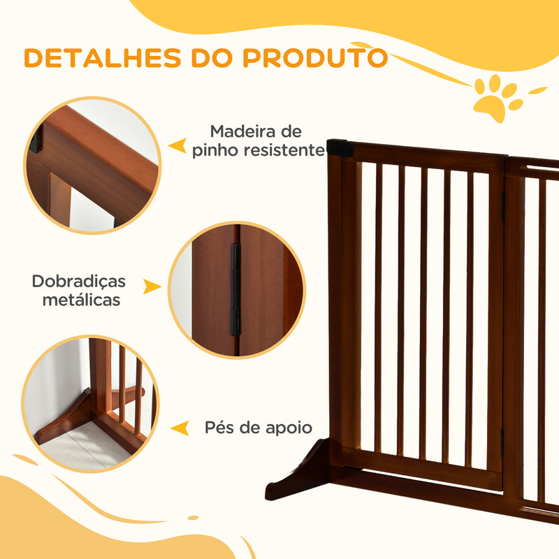 Barreira de Segurança Extensível para Cães Grade de Proteção para Escadas e Portas 113-166cm 3 Peças com Estrutura de Madeira e Suporte de Pé 113-166x36x71 cm Marrom