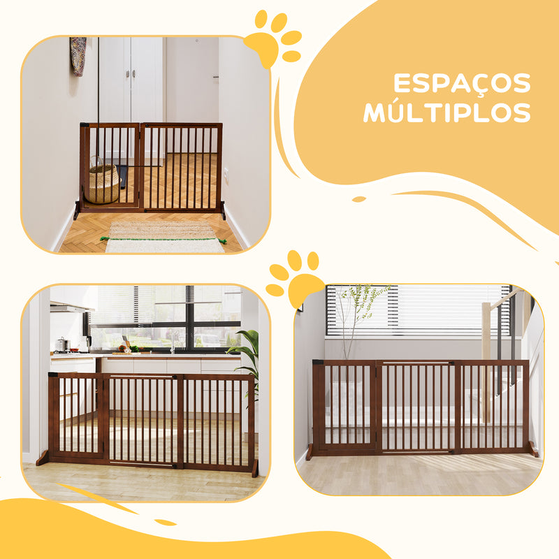 Barreira de Segurança Extensível para Cães Grade de Proteção para Escadas e Portas 113-166cm 3 Peças com Estrutura de Madeira e Suporte de Pé 113-166x36x71 cm Marrom