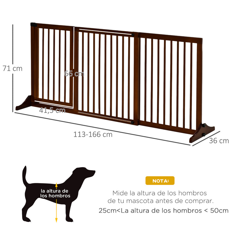 Barreira de Segurança Extensível para Cães Grade de Proteção para Escadas e Portas 113-166cm 3 Peças com Estrutura de Madeira e Suporte de Pé 113-166x36x71 cm Marrom