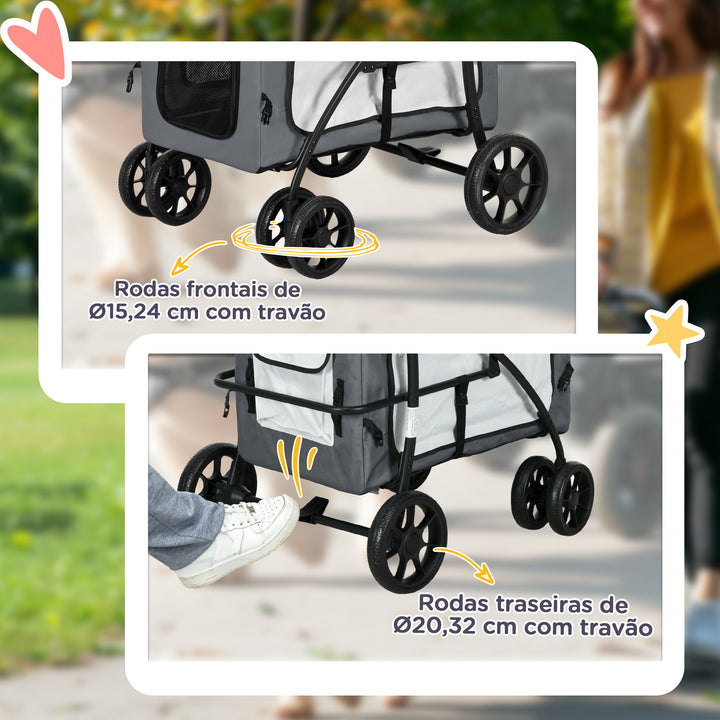 Carrinho para Animais de Estimação Carrinho para Cães Dobrável com Compartimento Desmontável 4 Portas com Fecho de Correr 2 Correias de Segurança e de Transporte 81x58x97,5 cm Cinza