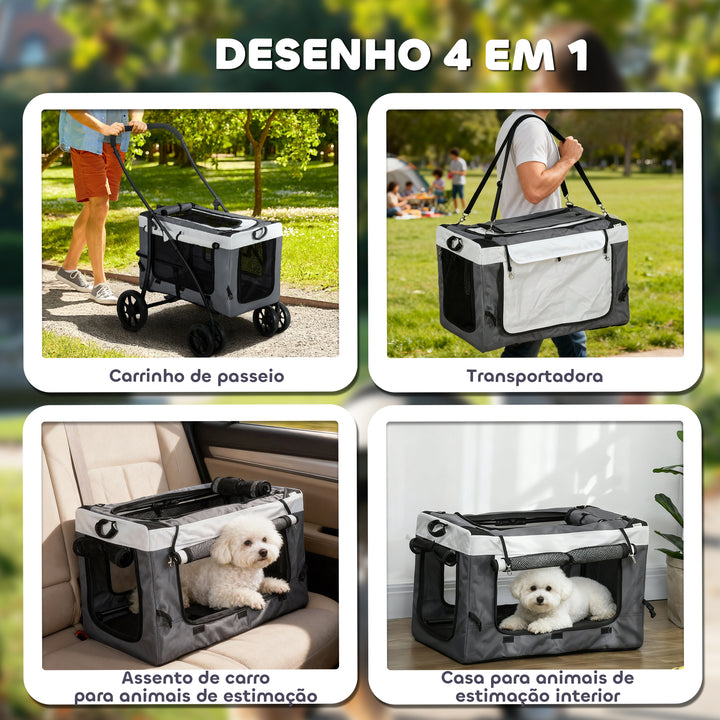 Carrinho para Animais de Estimação Carrinho para Cães Dobrável com Compartimento Desmontável 4 Portas com Fecho de Correr 2 Correias de Segurança e de Transporte 81x58x97,5 cm Cinza