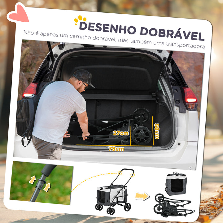 Carrinho para Animais de Estimação Carrinho para Cães Dobrável com Compartimento Desmontável 4 Portas com Fecho de Correr 2 Correias de Segurança e de Transporte 81x58x97,5 cm Cinza