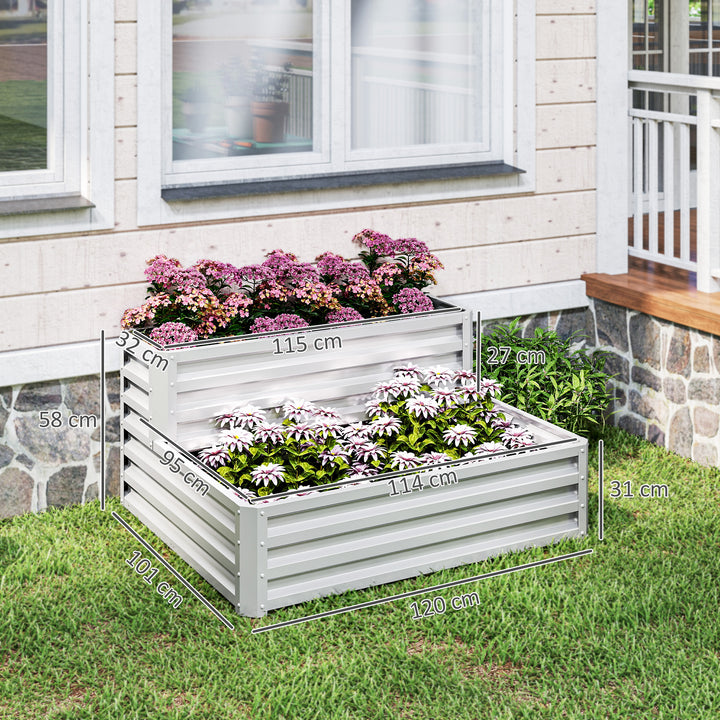Caixa de Cultivo de 2 Níveis em Aço Galvanizado Floreira Exterior com Design em Escada e Fundo Aberto para Cultivo Plantas Herbári, para Terraço Jardim 120x101x58 cm Prata