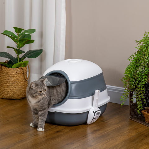 Caixa de Areia para Gatos Dobrável Caixa de Areia para Gatos Fechada Caixa de Areia para Gatos com Pá 52x41x38 cm Branco e Cinza