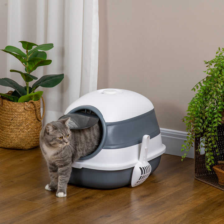 Caixa de Areia para Gatos Dobrável Caixa de Areia para Gatos Fechada Caixa de Areia para Gatos com Pá 52x41x38 cm Branco e Cinza