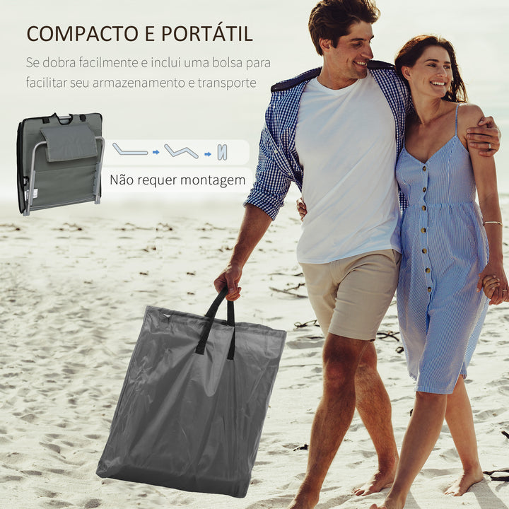 Conjunto de 2 Esteiras de Praia Dobráveis 124x53x50cm com Encosto Ajustável e Apoio para a Cabeça Esteira de Praia Tecido Oxford Aço com Bolsa de Transporte Cinza