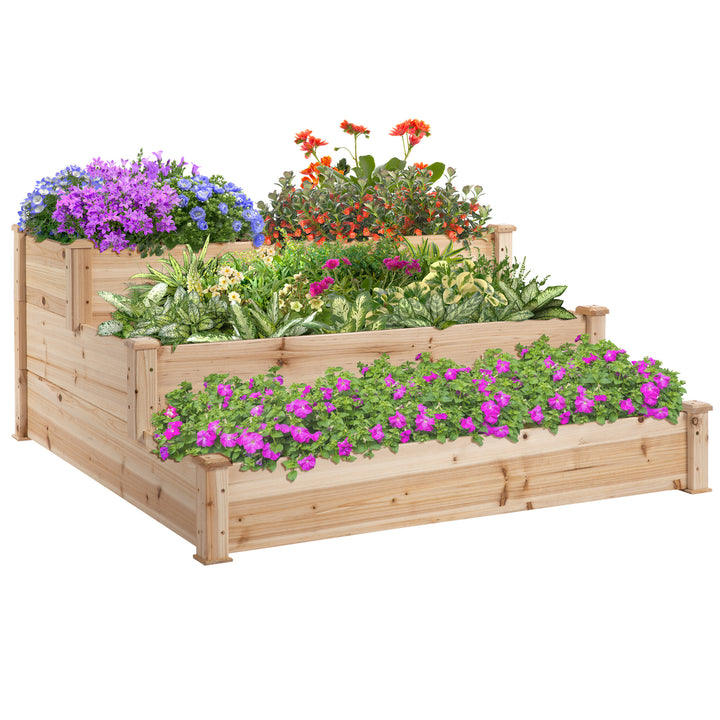 Caixa de Plantio de Madeira Caixa de Plantio de Jardim com 3 Níveis Desenho de Escada Horta para Cultivos de Plantas Flores para Pátio Varanda 120x120x56 cm Madeira
