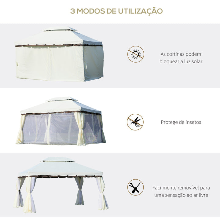 Gazebo de Jardim 4x3 m, Pavilhão de Jardim com Teto Duplo, 4 Cortinas e Mosquiteiro, Estrutura em Alumínio, Orifícios de Drenagem, UPF50+, Tenda para Exterior, Terraço, Pátio, Creme