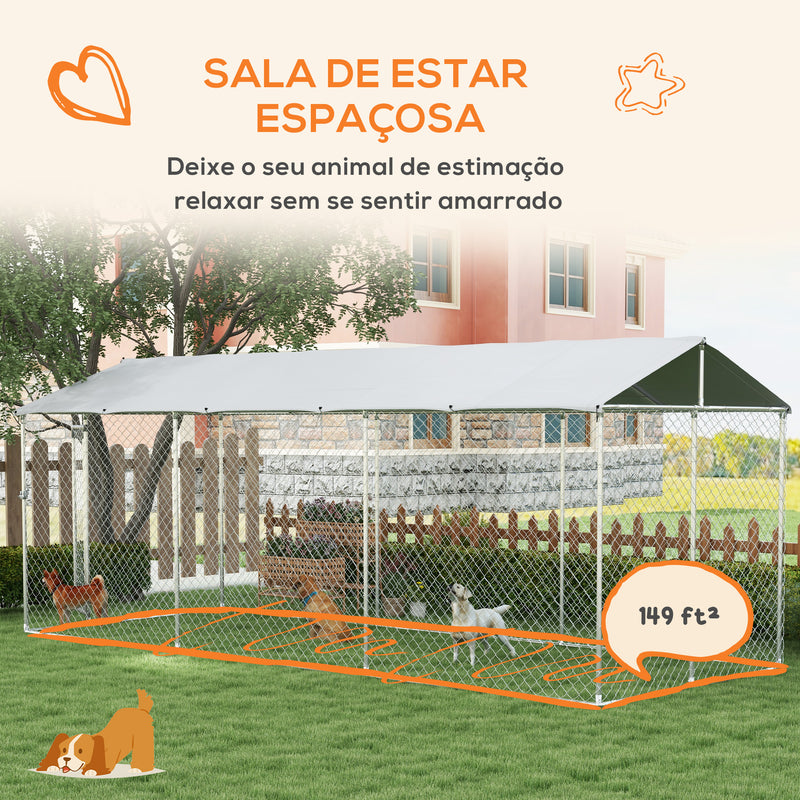 Canil de Exterior para Cães Parque para Cães com 1 Porta Estrutura de Aço Toldo Impermeável e Anti-UV 600x230x230 cm Prata