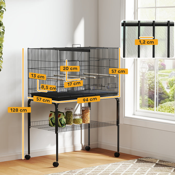 Gaiola para Pássaros com Divisória Gaiola com Rodas para Aves Papagaios Canários Gaiola para Aves com Comedouros Poleiros e Bandeja Removível 94x57x128 cm Preto