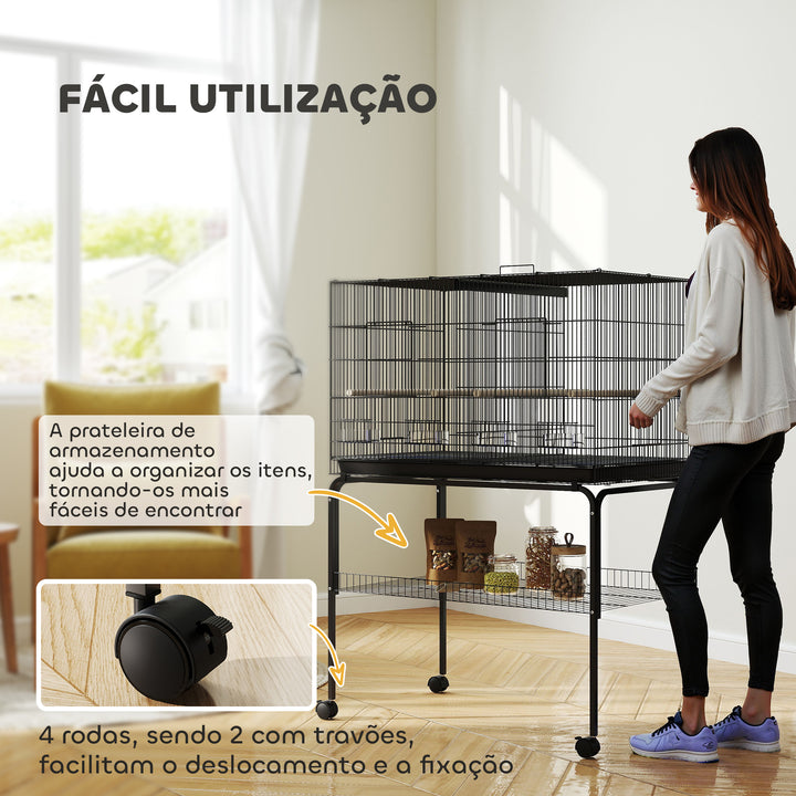 Gaiola para Pássaros com Divisória Gaiola com Rodas para Aves Papagaios Canários Gaiola para Aves com Comedouros Poleiros e Bandeja Removível 94x57x128 cm Preto