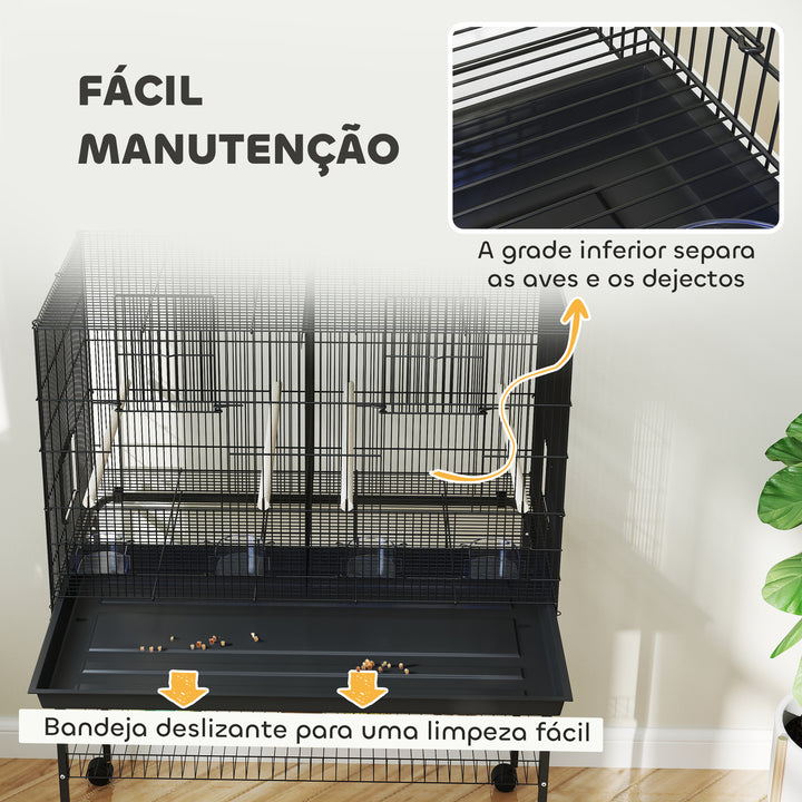 Gaiola para Pássaros com Divisória Gaiola com Rodas para Aves Papagaios Canários Gaiola para Aves com Comedouros Poleiros e Bandeja Removível 94x57x128 cm Preto