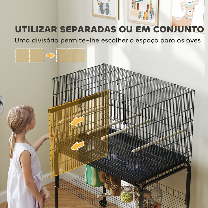 Gaiola para Pássaros com Divisória Gaiola com Rodas para Aves Papagaios Canários Gaiola para Aves com Comedouros Poleiros e Bandeja Removível 94x57x128 cm Preto