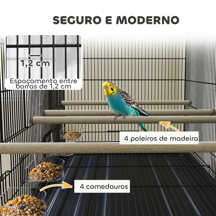 Gaiola para Pássaros com Divisória Gaiola com Rodas para Aves Papagaios Canários Gaiola para Aves com Comedouros Poleiros e Bandeja Removível 94x57x128 cm Preto