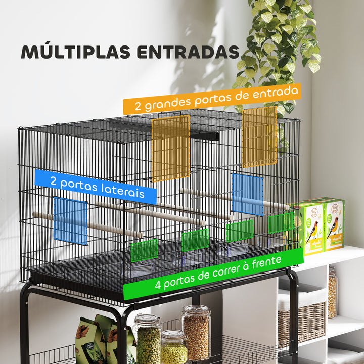 Gaiola para Pássaros com Divisória Gaiola com Rodas para Aves Papagaios Canários Gaiola para Aves com Comedouros Poleiros e Bandeja Removível 94x57x128 cm Preto