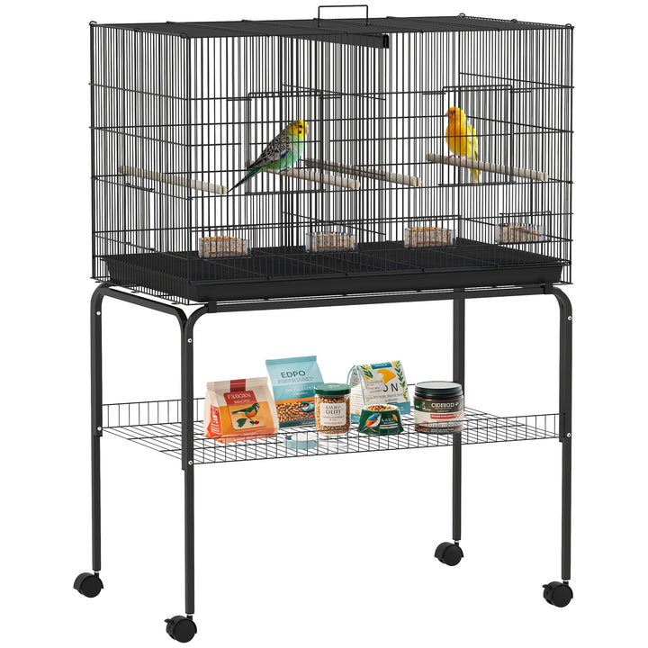 Gaiola para Pássaros com Divisória Gaiola com Rodas para Aves Papagaios Canários Gaiola para Aves com Comedouros Poleiros e Bandeja Removível 94x57x128 cm Preto
