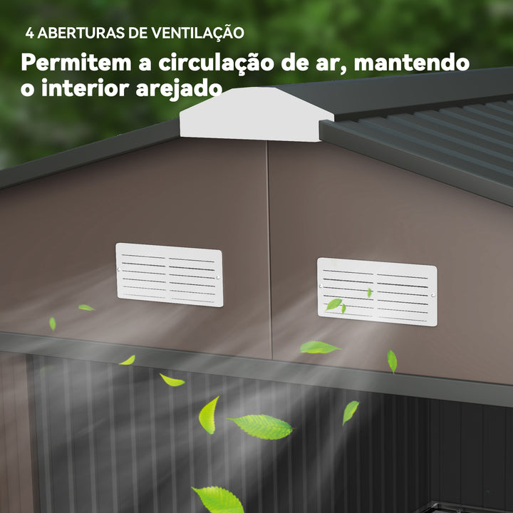 Abrigo de Jardim Exterior Abrigo e Jardim Metálico para Armazenamento de Ferramentas com 4 Janelas 12,4 m² 340x386x200 cm Marrom