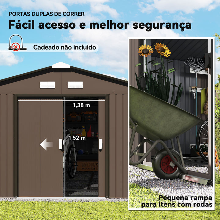Abrigo de Jardim Exterior Abrigo e Jardim Metálico para Armazenamento de Ferramentas com 4 Janelas 12,4 m² 340x386x200 cm Marrom