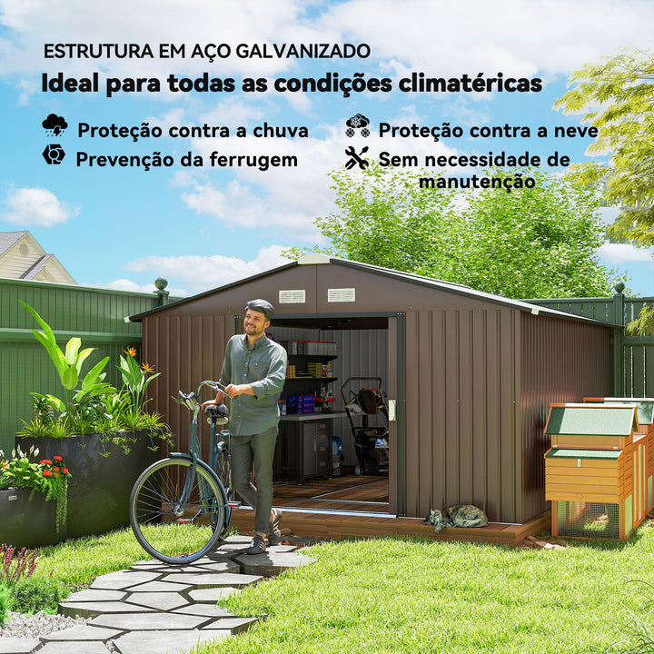 Abrigo de Jardim Exterior Abrigo e Jardim Metálico para Armazenamento de Ferramentas com 4 Janelas 12,4 m² 340x386x200 cm Marrom
