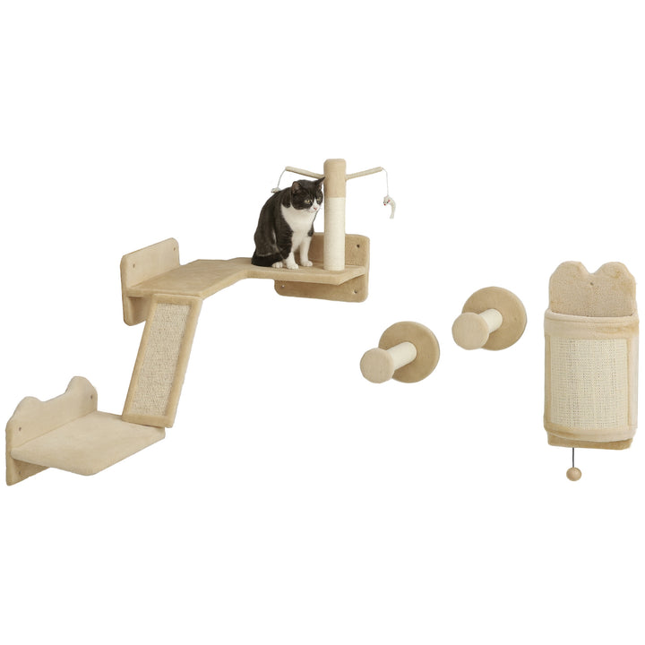 Prateiras de Parede para Gatos de 4 Peças Arranhador de Parede para Gatos com Postes de Sisal Plataforma de Salto e Bola de Brinquedo Bege