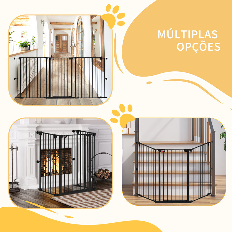 Barreira para Cães de Aço Barreira de Segurança para Animais de Estimação Dobrável de 3 Painéis Duplo Fechamento e Função de Bloqueio Auxiliar para Porta Escada 206x90 cm Preto