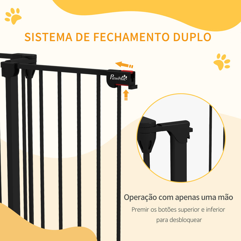 Barreira para Cães de Aço Barreira de Segurança para Animais de Estimação Dobrável de 3 Painéis Duplo Fechamento e Função de Bloqueio Auxiliar para Porta Escada 206x90 cm Preto