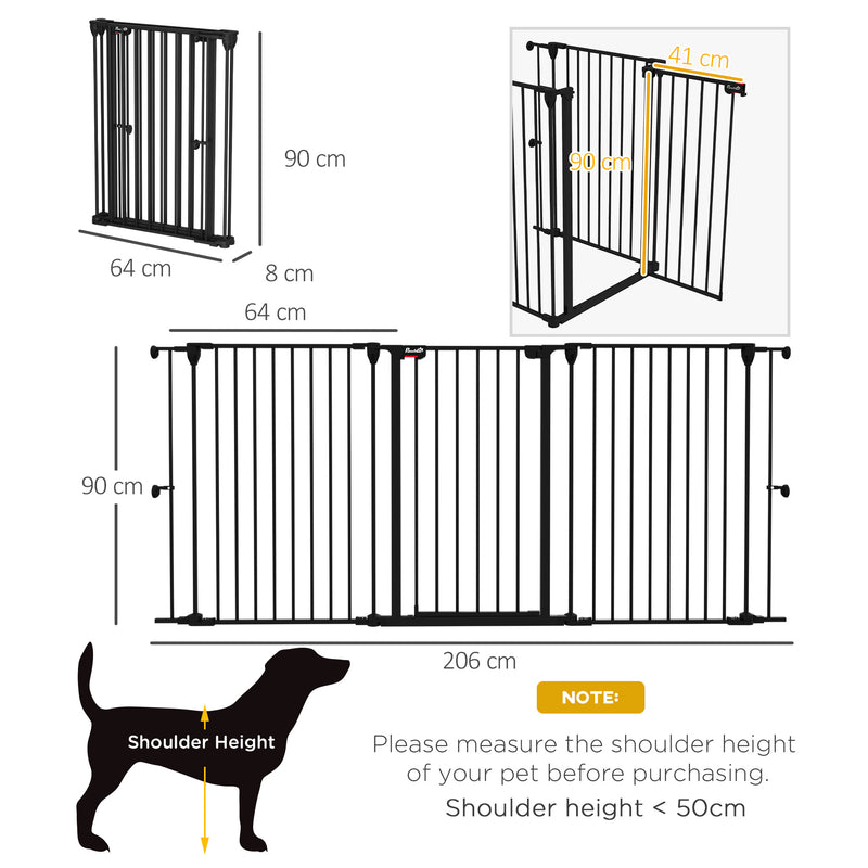 Barreira para Cães de Aço Barreira de Segurança para Animais de Estimação Dobrável de 3 Painéis Duplo Fechamento e Função de Bloqueio Auxiliar para Porta Escada 206x90 cm Preto