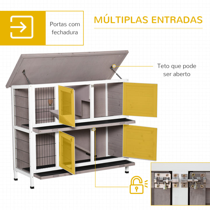 Coelheira de Madeira Exterior de 2 Níveis Gaiola para 1-2 Coelhos com Telhado com Abertura Comedouro Bandejas Removíveis Rampa e Portas com Fechadura 122x50x101cm Cor Areia