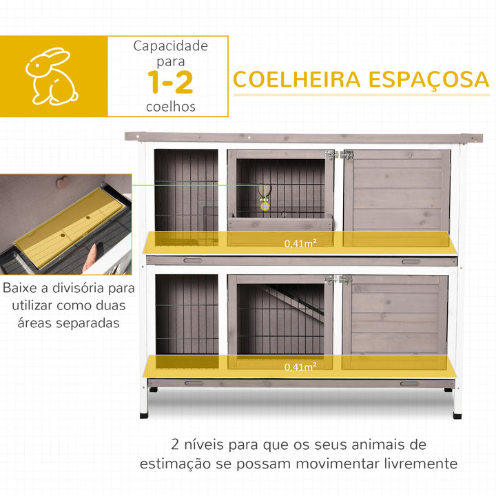 Coelheira de Madeira Exterior de 2 Níveis Gaiola para 1-2 Coelhos com Telhado com Abertura Comedouro Bandejas Removíveis Rampa e Portas com Fechadura 122x50x101cm Cor Areia