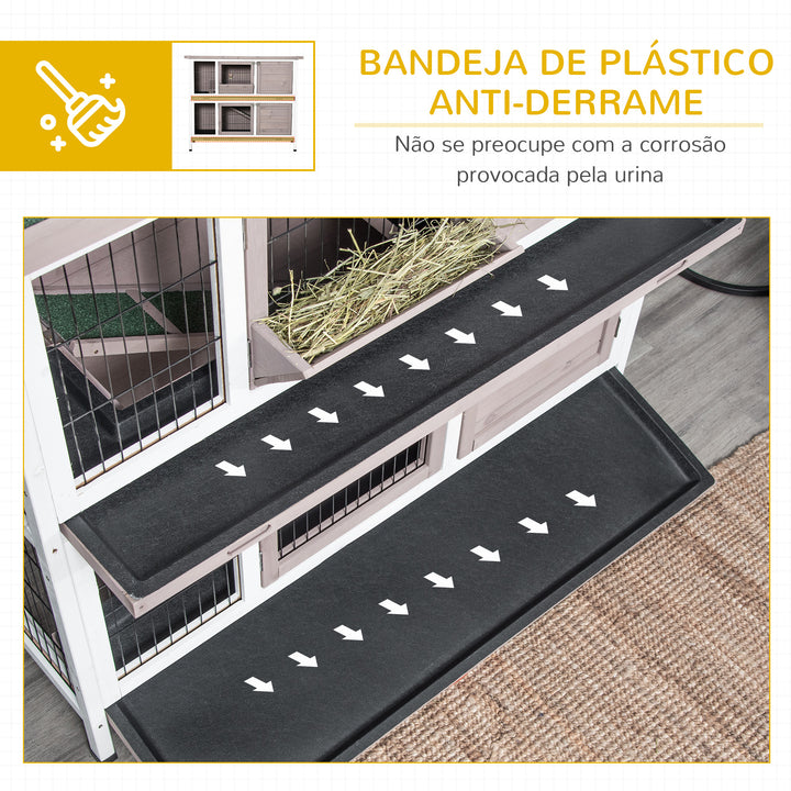 Coelheira de Madeira Exterior de 2 Níveis Gaiola para 1-2 Coelhos com Telhado com Abertura Comedouro Bandejas Removíveis Rampa e Portas com Fechadura 122x50x101cm Cor Areia