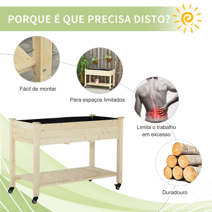 Horta urbana mesa de cultivo elevada de madeira com prateleira tecido Geotêxtil rodas com Freios portátil para Jardim 118x55x83 cm Cor Natural