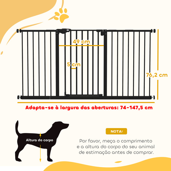 Barreira de Segurança Extensível para Portas e Escadas Barreira de Segurança Cães com Fechamento Automático e Sistema de Duplo Bloqueio Metal 74-147,5x76,2 cm Preto