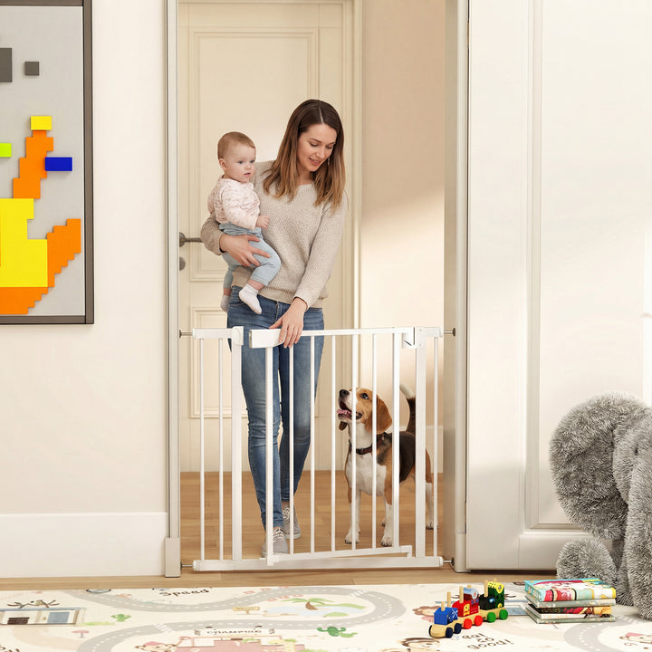 Barreira de Segurança para Crianças e Cães Largura 76-89 cm Porta para Cães Bloqueio Duplo Fecho Automático Abertura em Dois Sentidos para Portas Escadas Montagem por Pressão e Extensão de 7 cm Branco