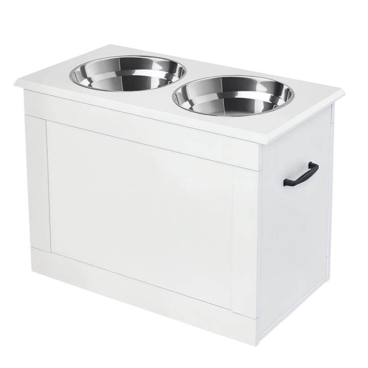Comedouro Elevado para Cães Comedouro para Cães com 2 Tigelas de Aço Inoxidável e Espaço de Armazenamento Oculto 60x30x41 cm Branco