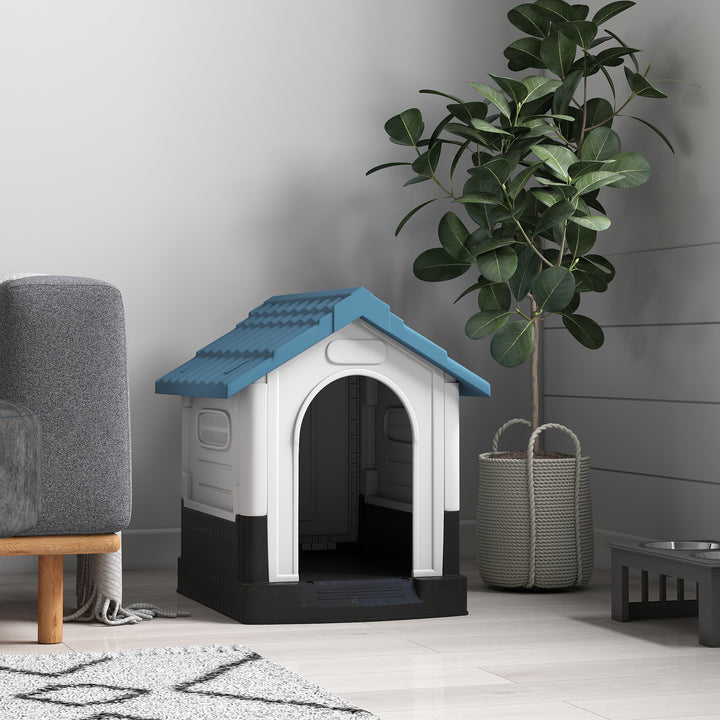 Casota para Cães Mini de Exterior Casa de Plástico com 3 Janelas Base Elevada Telhado Imitando Telhas 64,5x57x66 cm Azul