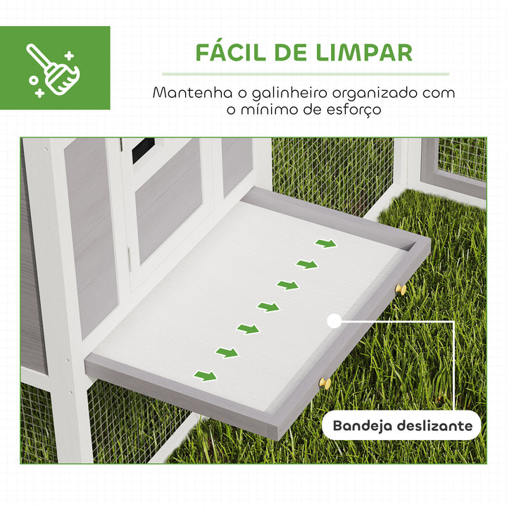 Galinheiro Grande de Madeira para Exterior Gaiola para Galinhas em L com 2 Ninhos Recinto Bandejas Removíveis Telhado em PET e Rampas Casa Elevada para Coelhos 251x192x103 cm Cinzento